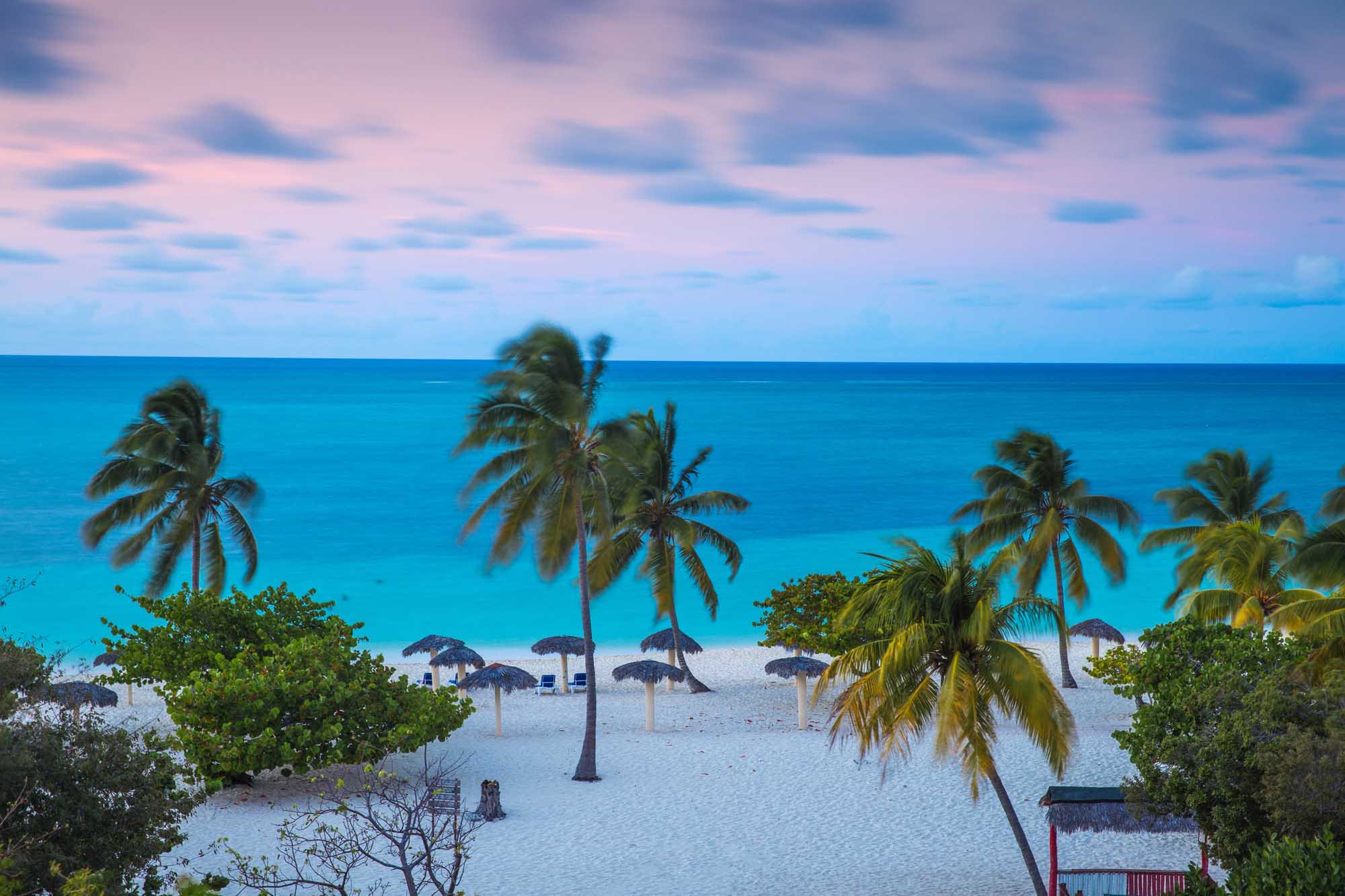 A stunning tropical beach scene featuring pristine white sand, crystal-clear turquoise waters, and swaying palm trees. The beach is dotted with thatched umbrellas and lounging areas, set against a picturesque blue sky with soft clouds, creating an idyllic Caribbean destination perfect for relaxation and water activities.