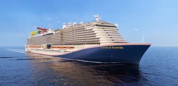 A large modern cruise ship photographed from the side against a calm blue ocean and clear sky