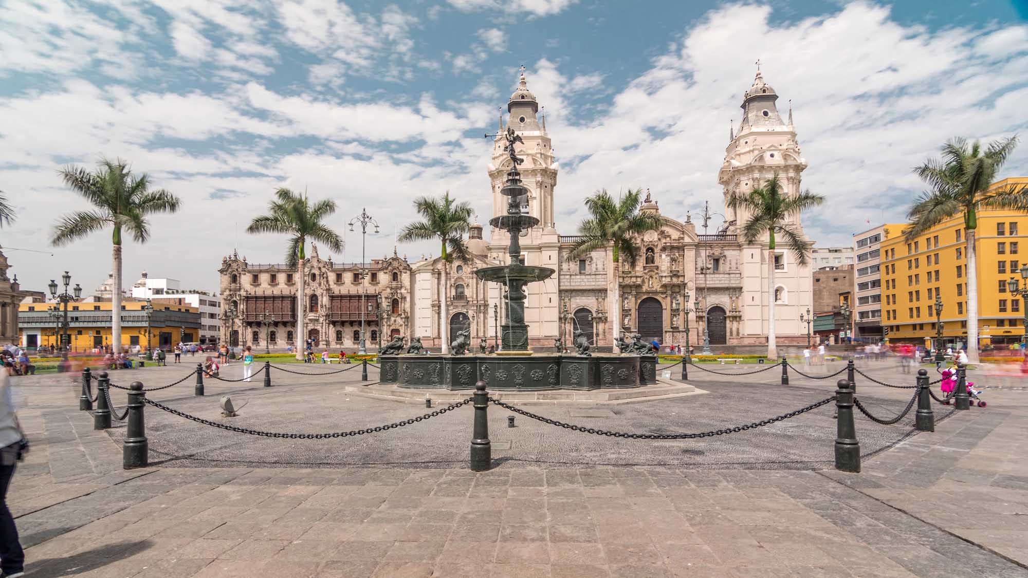 The iconic Plaza de Armas (Plaza Mayor) in Lima's historic center features the stunning Cathedral