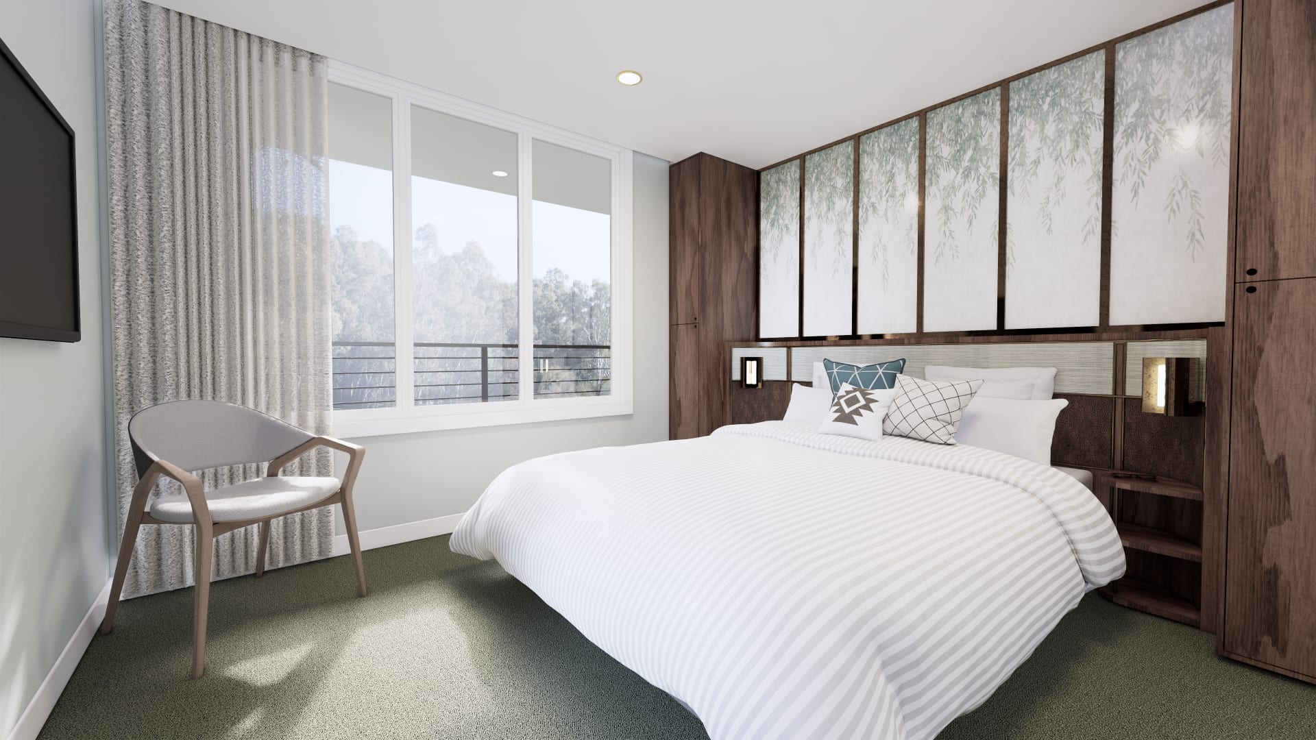 A modern, elegantly appointed queen suite aboard a Murray River cruise vessel, featuring a spacious