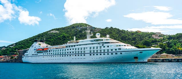 A stunning view of the Star Pride, an upscale expedition yacht operated by Windstar Cruises