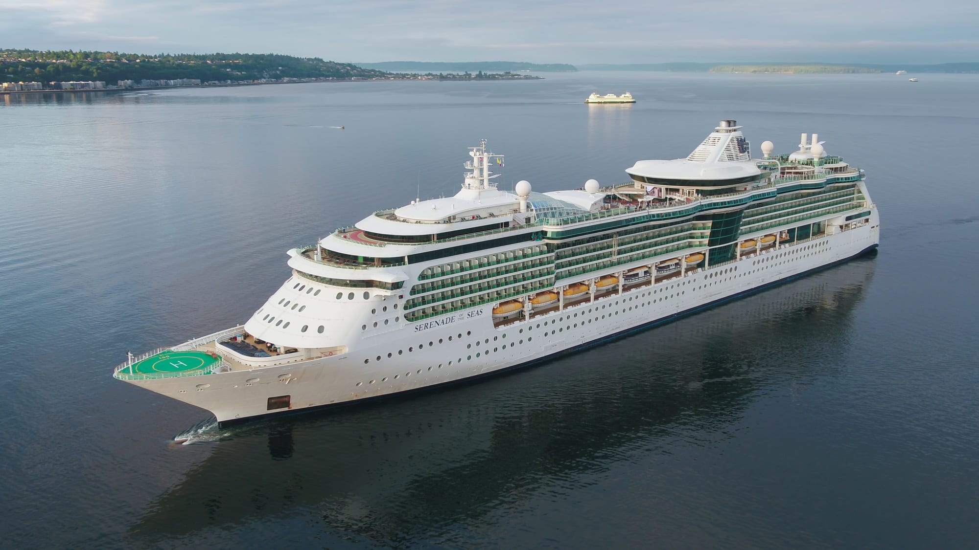 The Royal Caribbean cruise ship Serenade of the Seas anchors in calm waters off Seattle