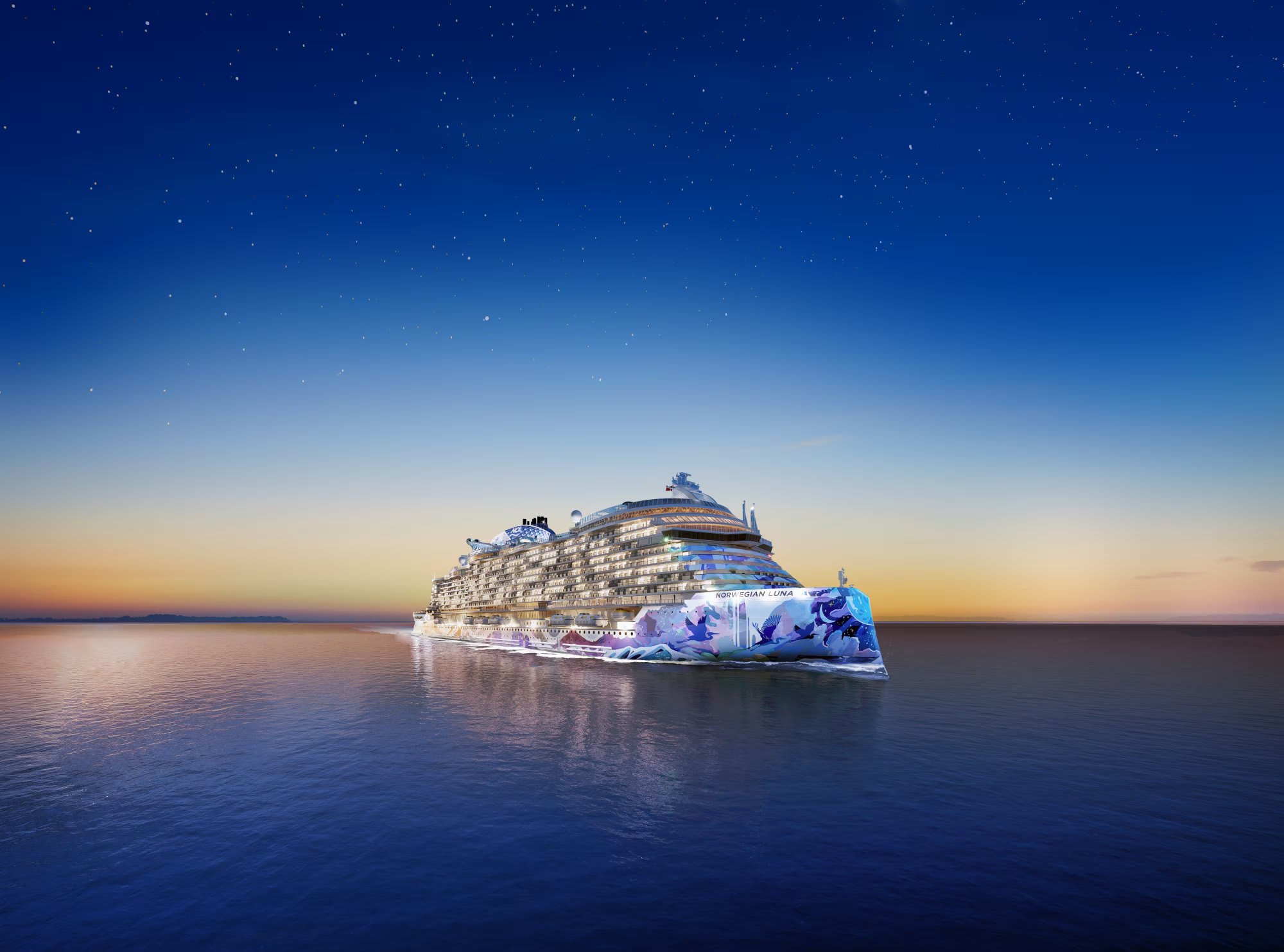 The Norwegian Luna, a modern mega-ship from Norwegian Cruise Line, is pictured in calm waters