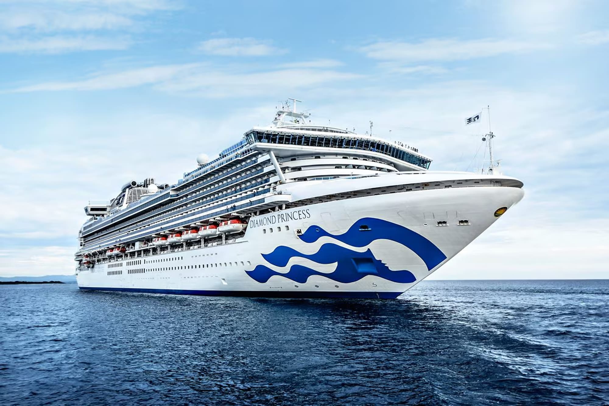 A white and blue Princess Cruises vessel sailing on open waters, featuring the distinctive blue