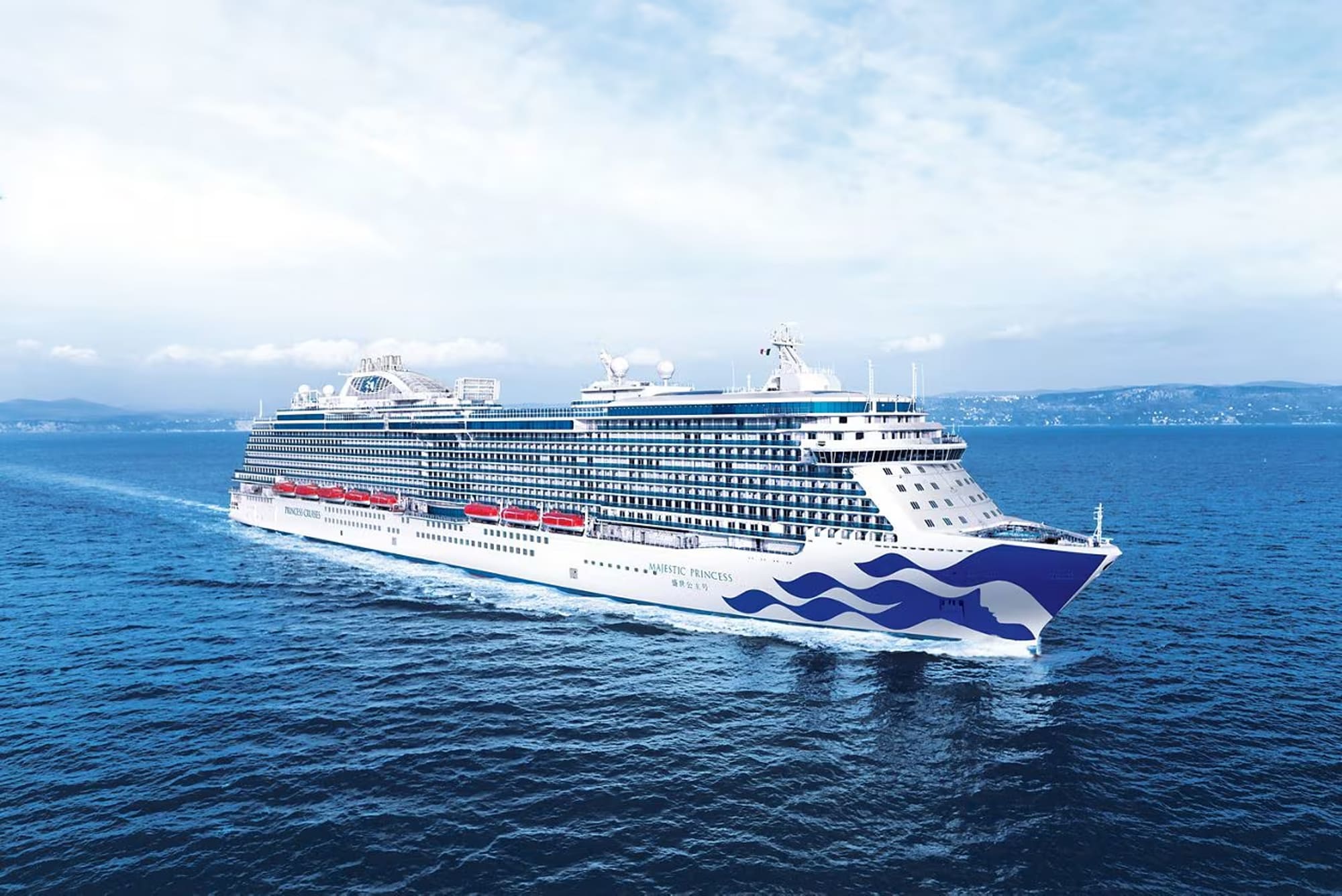 A large white and blue Princess cruise ship sailing on open blue waters with a misty coastline