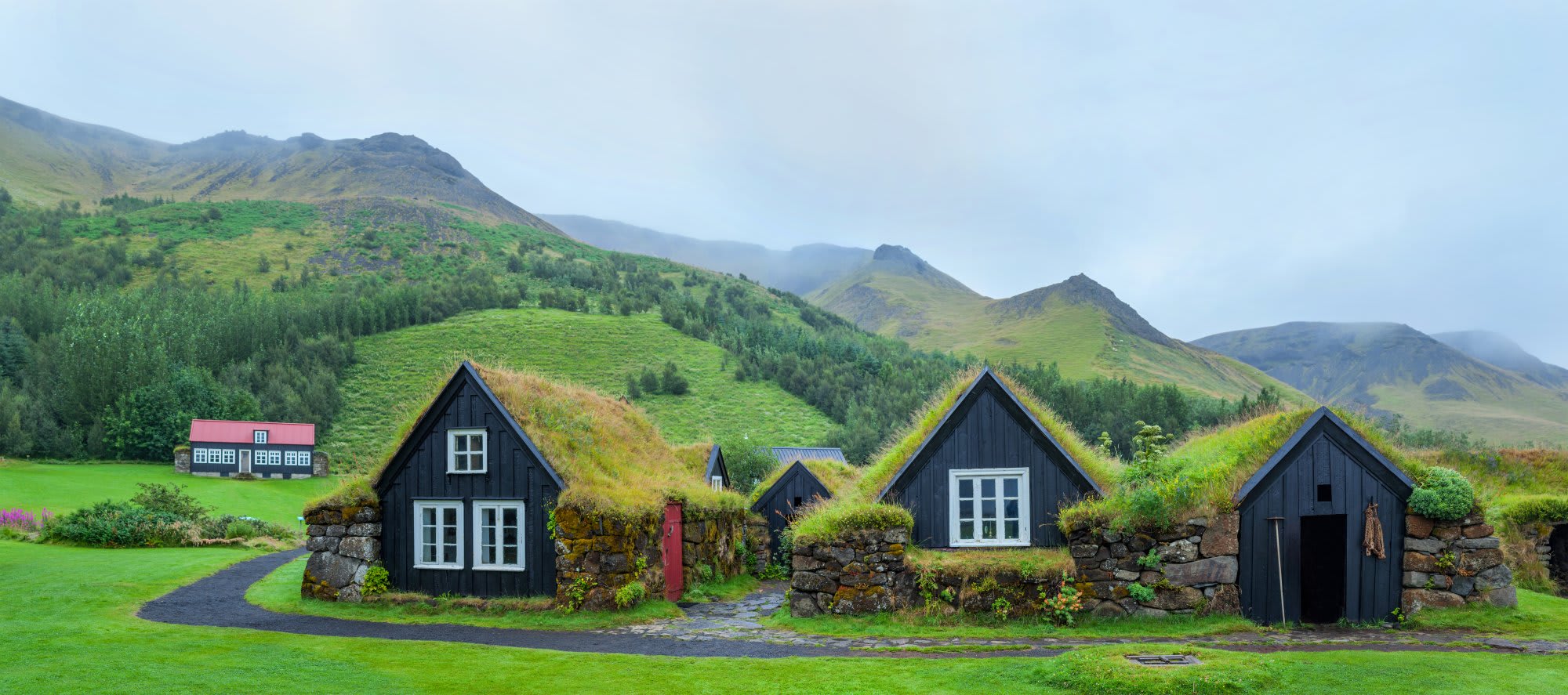 A picturesque cluster of traditional Icelandic turf-roofed houses with distinctive black wooden