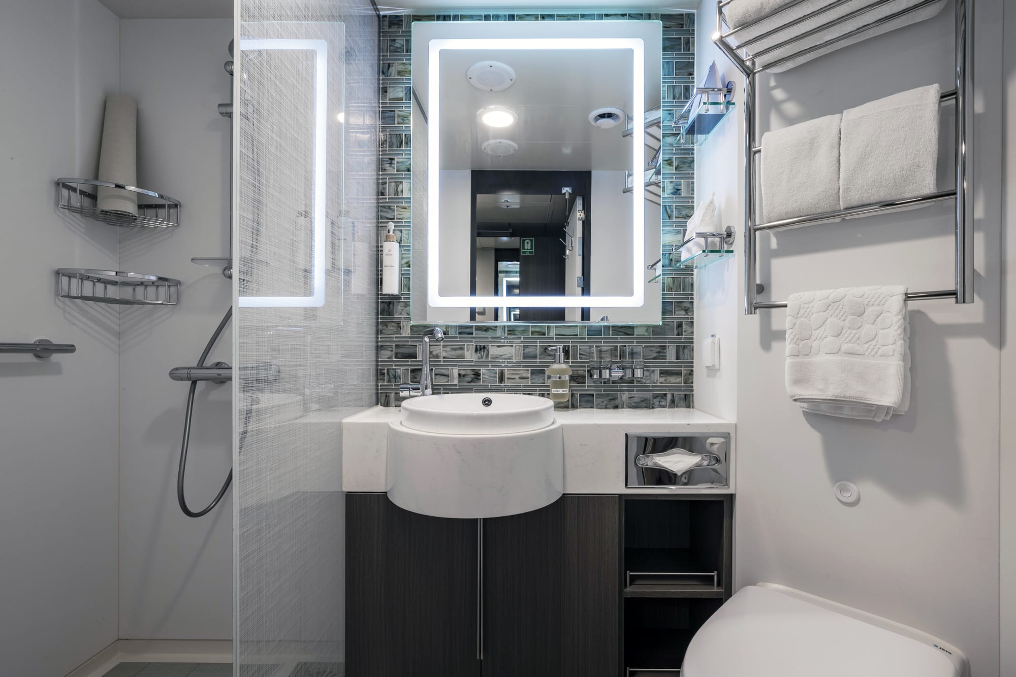 A contemporary cruise ship stateroom bathroom featuring a curved white sink vanity with