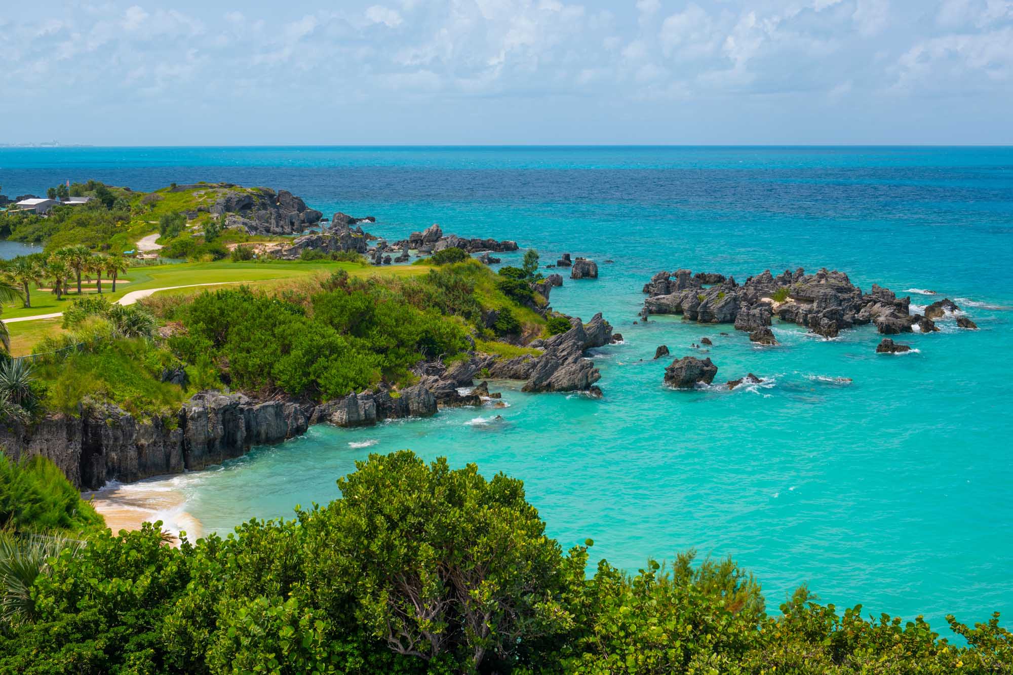 An aerial view of Achilles Beach nestled in Achilles' Bay near Fort St. Catherine in St. George's