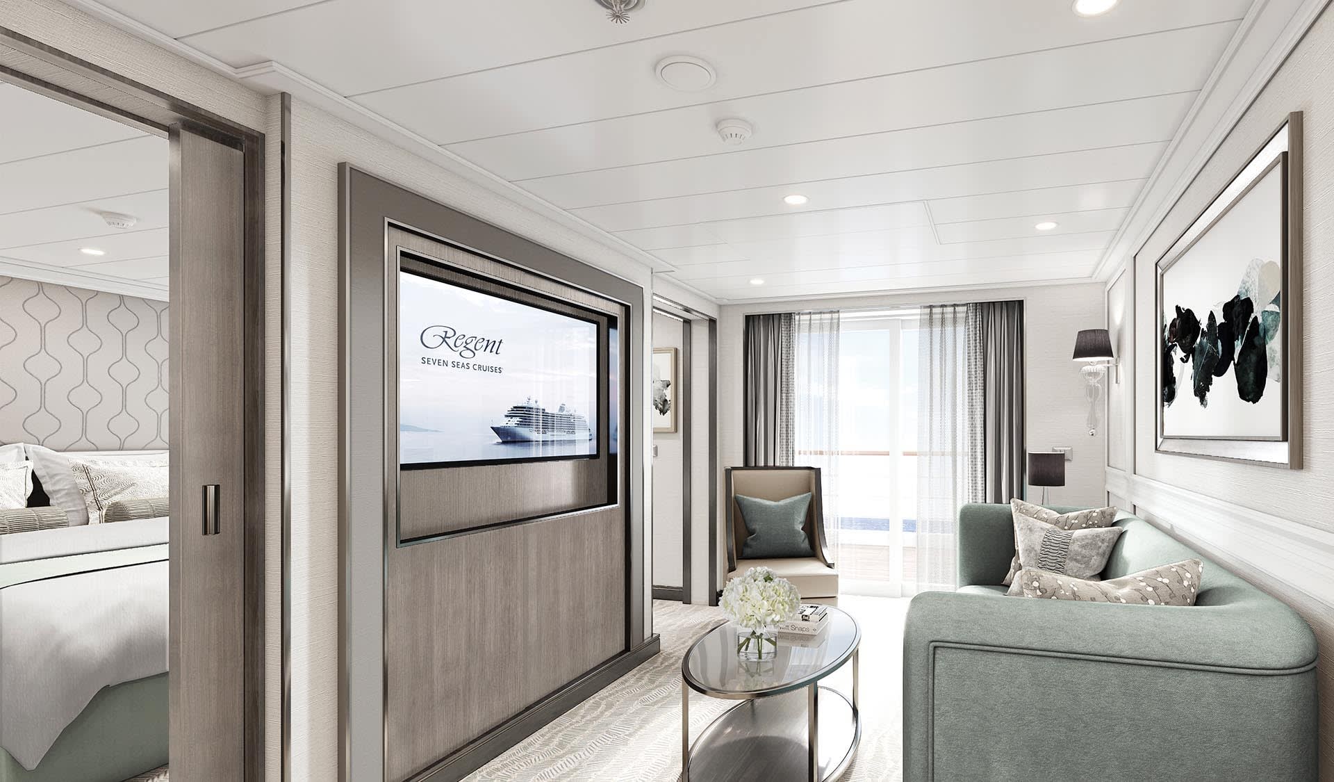 A luxurious penthouse suite aboard Regent Seven Seas Cruises featuring a modern cabin with