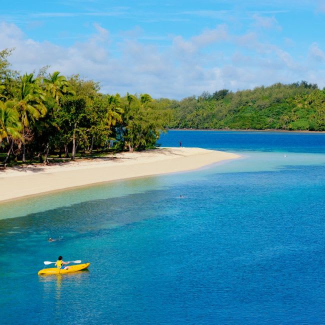 A pristine tropical island beach featuring turquoise waters, white sand, and lush palm trees with