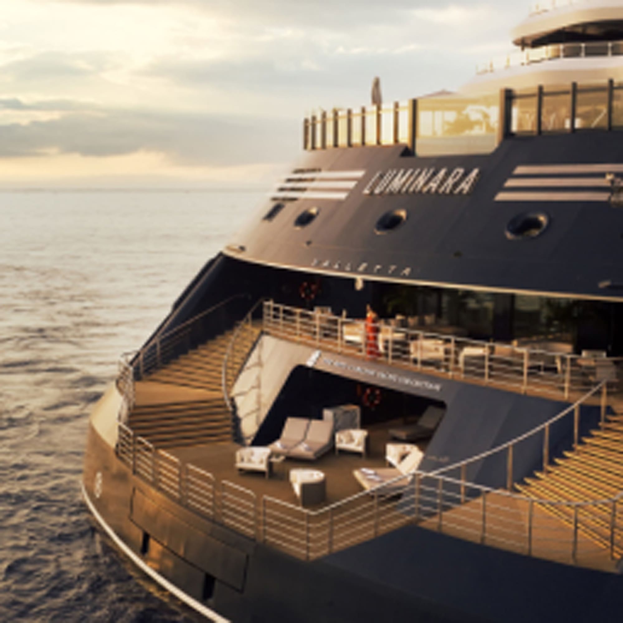 A sophisticated modern yacht with sleek design, featuring multiple wooden decks and lounging areas against a soft, muted seascape during golden hour light.