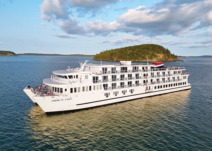 The American Eagle, a river and coastal cruise ship operated by American Cruise Lines, is anchored