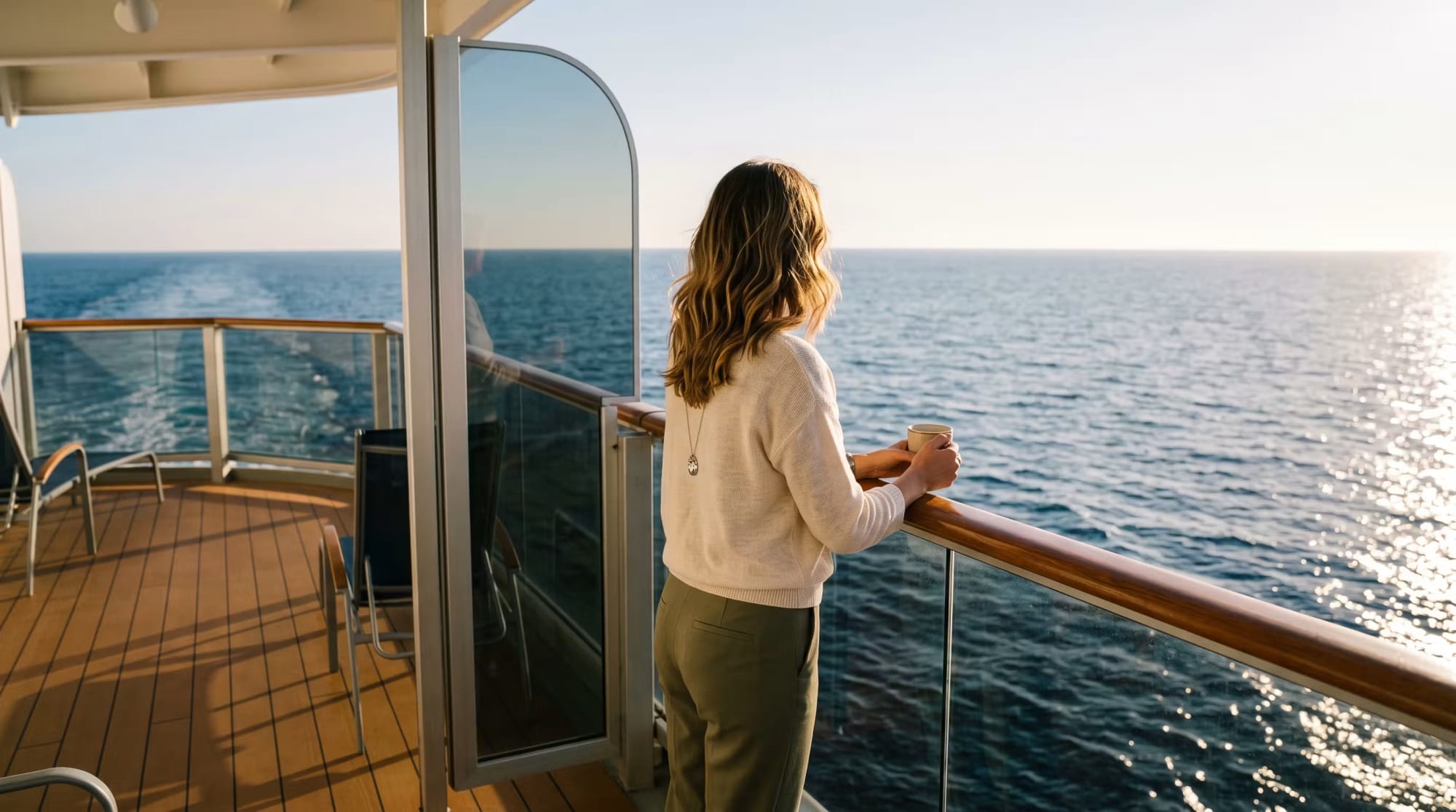 A woman stands alone on a modern cruise ship's balcony, holding a beverage while gazing out at