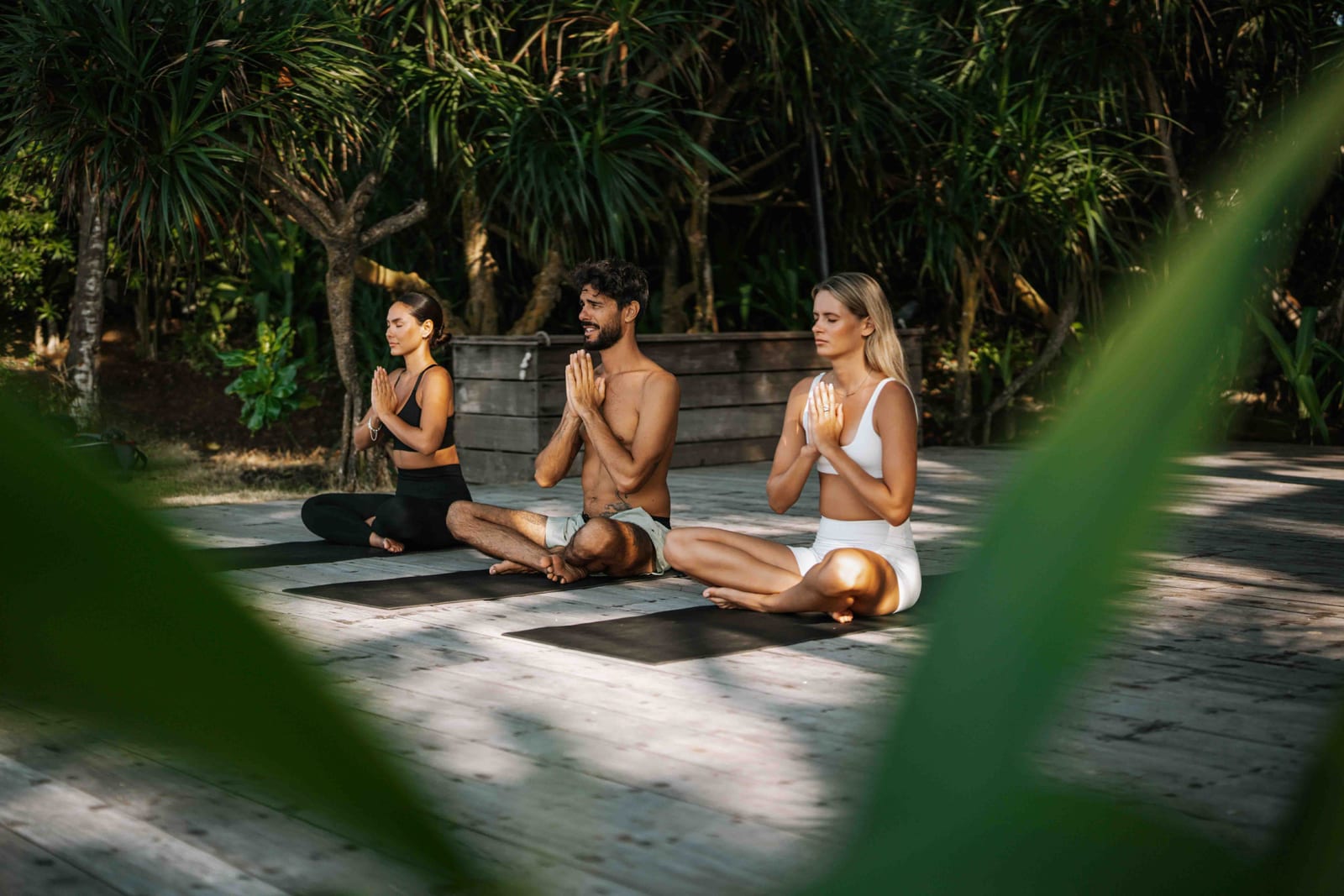 Three people practicing yoga in meditation pose on mats beneath palm trees in tropical setting