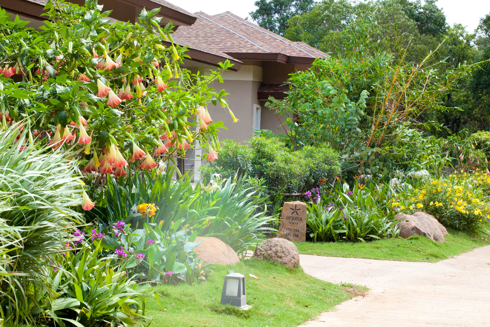 Lush tropical garden with flowering plants and stone pathway leading to residential house
