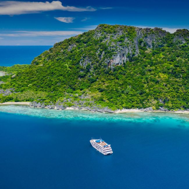 A modern cruise ship anchors in crystal-clear turquoise waters off a lush, forested limestone island with white sandy beaches and dramatic rocky cliffs.
