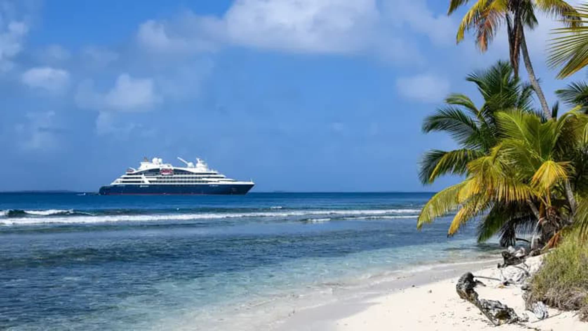 A sleek modern cruise ship anchored near a pristine white sandy beach with palm trees, showcasing crystal clear blue waters and a tropical paradise setting.