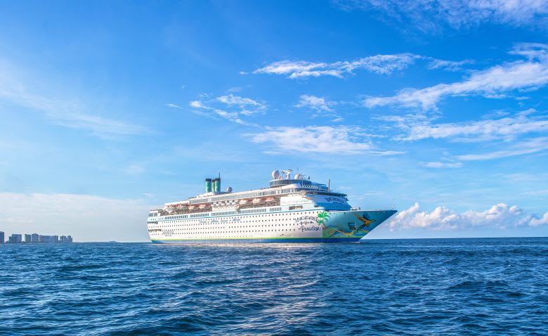 Norwegian Cruise Sailing Blue Waters A large Norwegian Cruise Line ship cruising across bright blue ocean waters with a cloudy sky in the background. The ship features the distinctive blue and white color scheme of the cruise line.