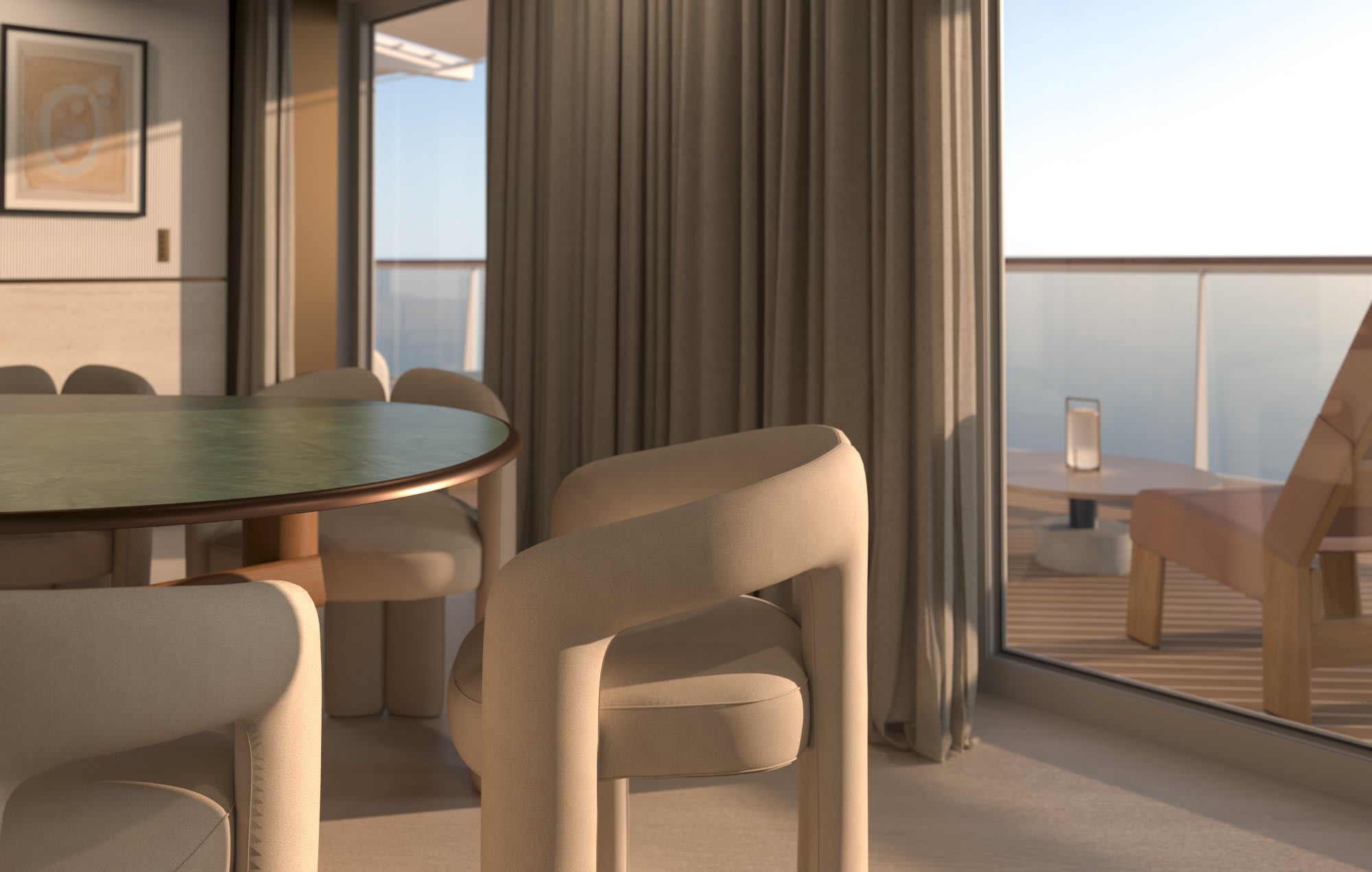 Explora Journeys suite bedroom with contemporary European design and ocean views