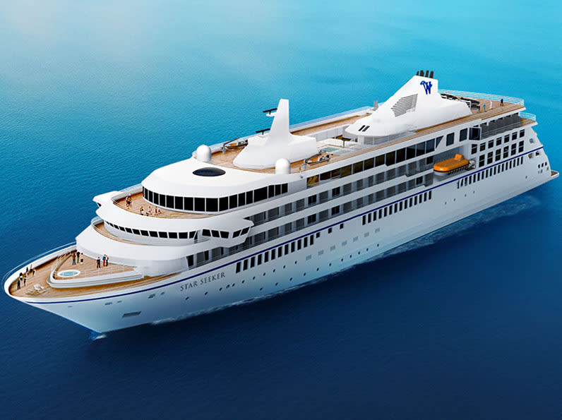 A pristine white luxury cruise ship sailing on a vibrant blue ocean, showcasing multiple deck