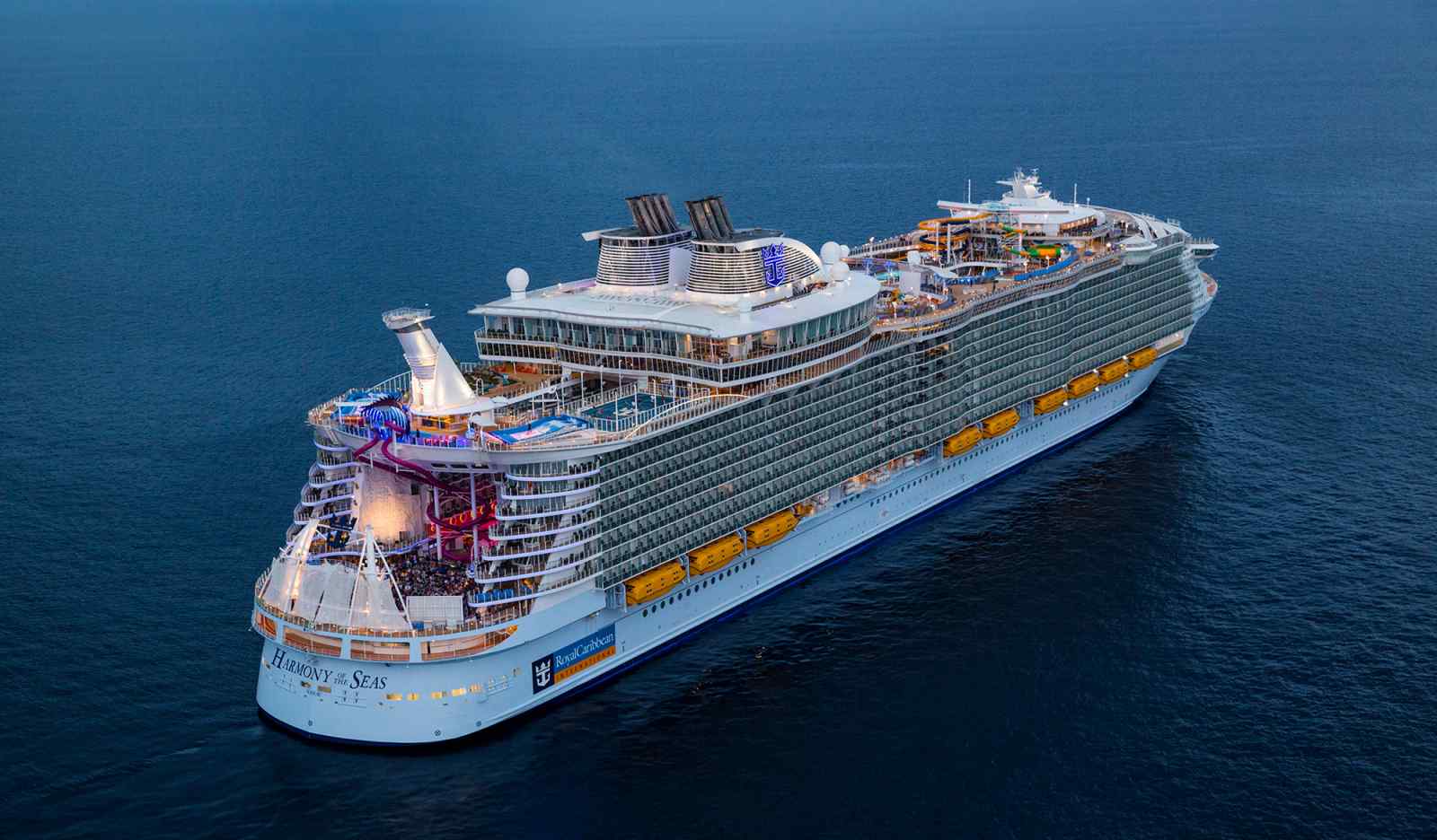 Harmony of the Seas Aerial View at Sea An aerial photograph of the Harmony of the Seas cruise ship, one of Royal Caribbean's largest