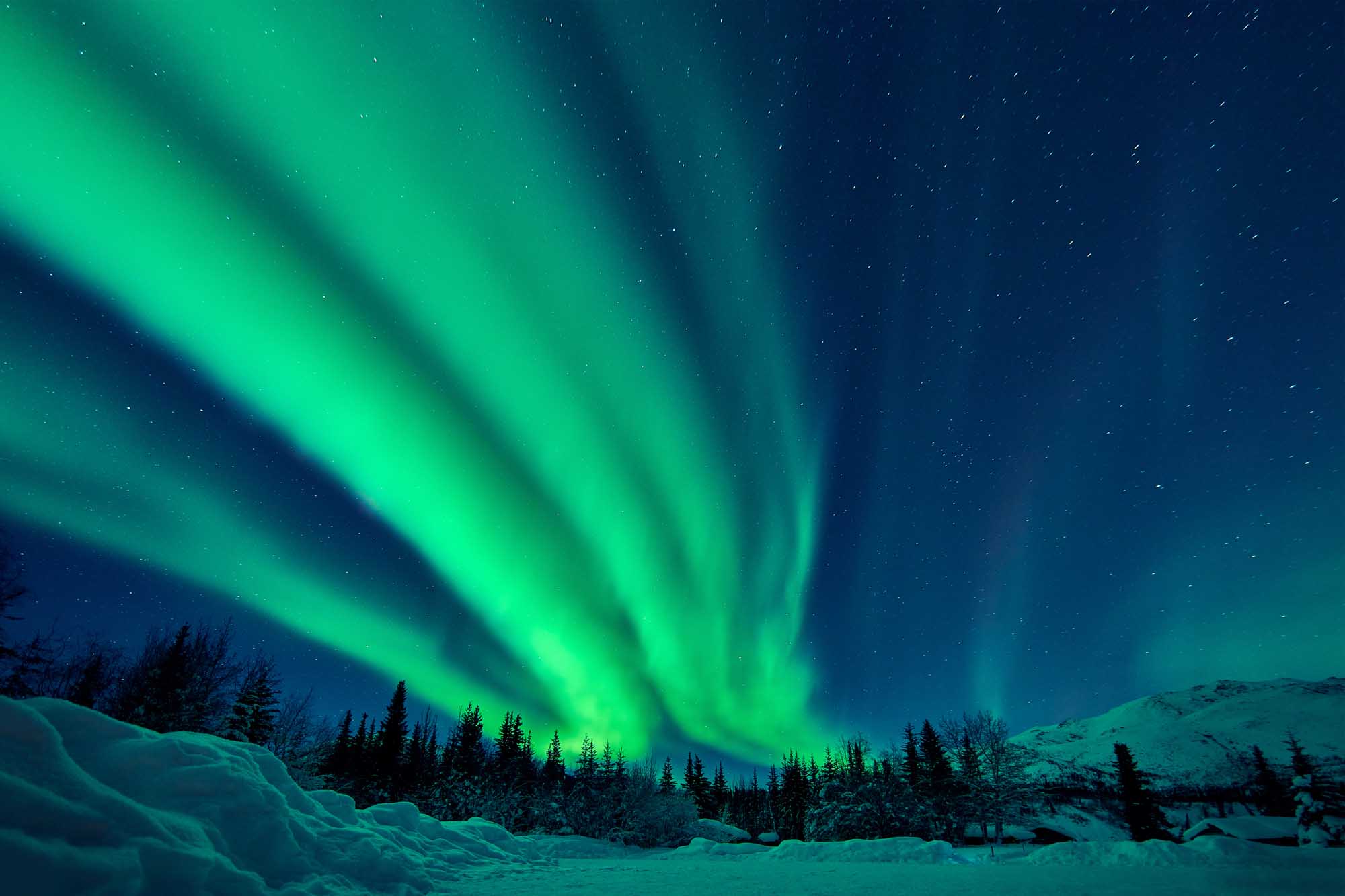 A stunning display of green aurora borealis dancing across the midnight sky above a snow-covered Arctic landscape with evergreen forests and mountains. The vibrant natural light phenomenon creates dramatic rays illuminating the starry night sky.