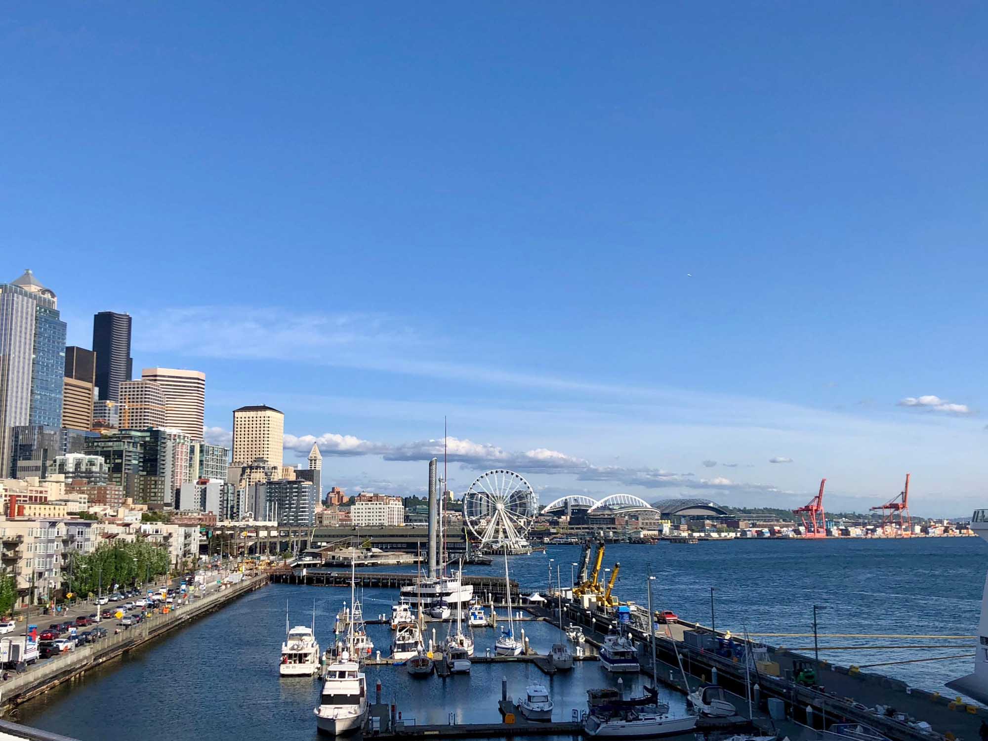 Seattle Waterfront and Harbor District A panoramic view of Seattle's downtown skyline and waterfront featuring the iconic Space Needle, the Seattle Great Wheel, and numerous moored vessels in Elliott Bay.