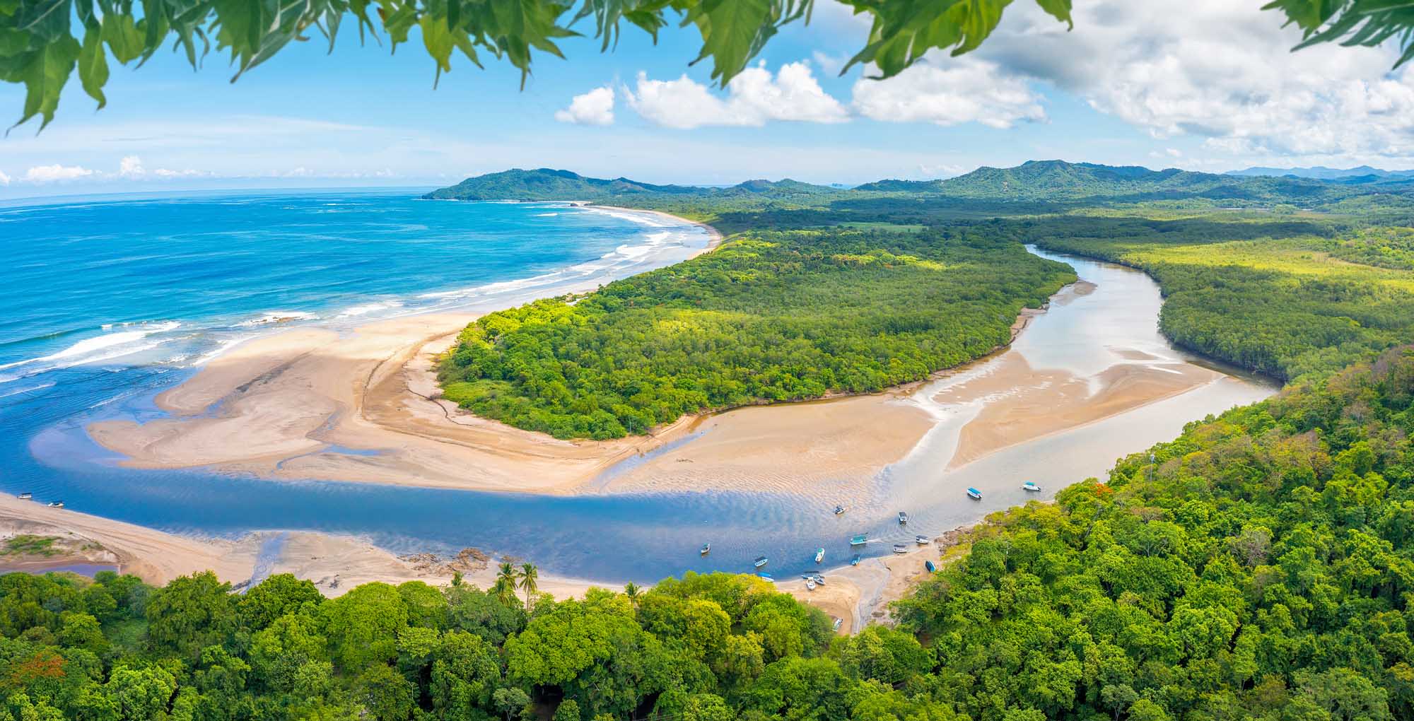 Tamarindo Beach and Estuary Aerial View An aerial view of Tamarindo Beach and its river estuary in Guanacaste, Costa Rica, showcasing pristine sandy beaches meeting turquoise waters, lush tropical rainforest vegetation, and a winding river delta.
