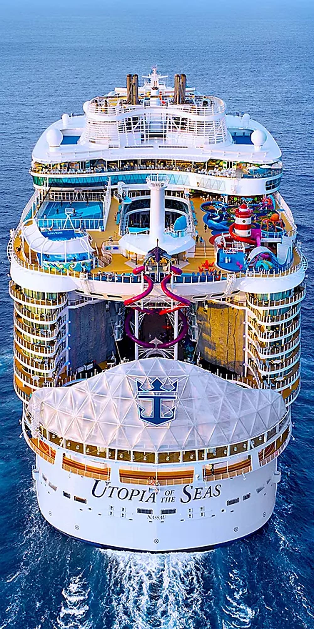Utopia of the Seas Aerial Aft View An overhead aerial photograph of the Utopia of the Seas cruise ship taken from directly above