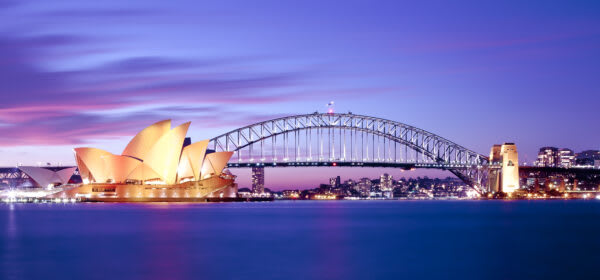 Sydney Opera House and Harbour Bridge at Twilight An iconic twilight photograph of Sydney's most famous landmarks, featuring the illuminated Sydney