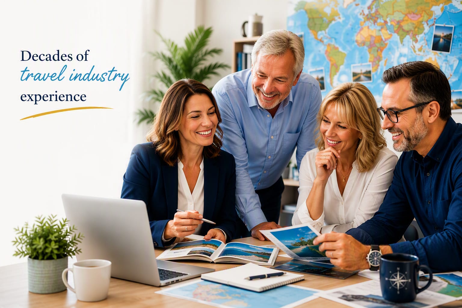 Founders of Your Travel Centre reviewing travel plans together in their office