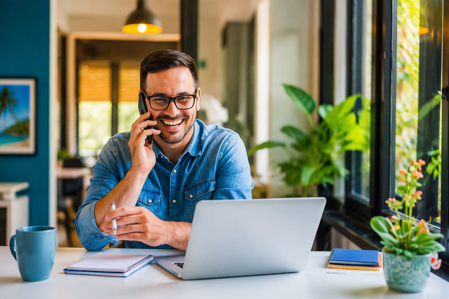 manonphone A professional man wearing glasses and a denim shirt sits at a modern desk, smiling while taking