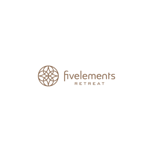 Fivelements Retreat logo with geometric circular emblem in tan