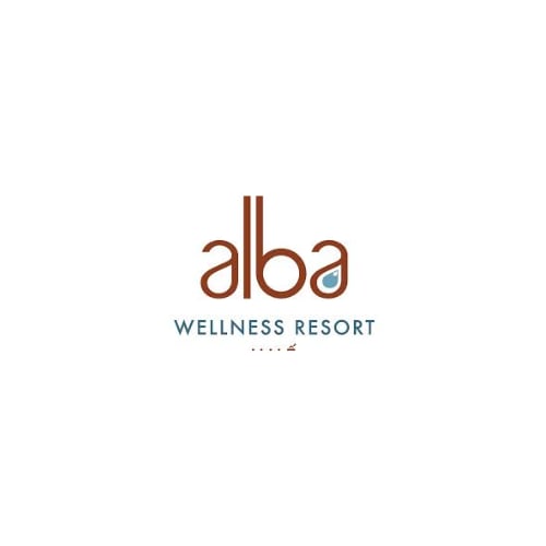 Alba Wellness Resort logo with brown text and tagline