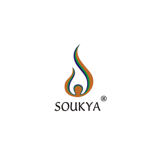 Soukya logo with stylized flame in orange, blue, and green colors