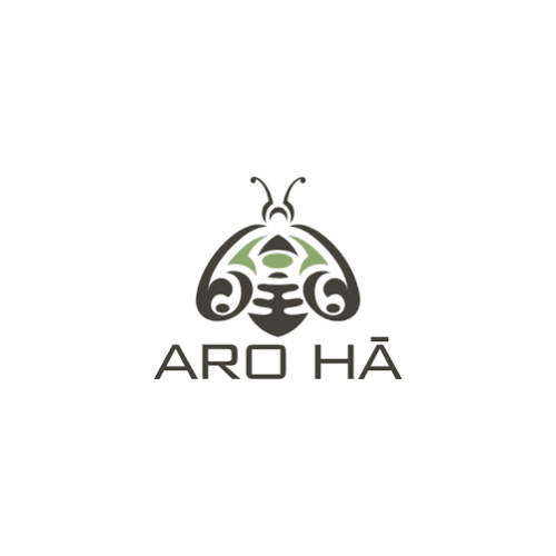 Aroha stylized beetle logo with green and gray design elements