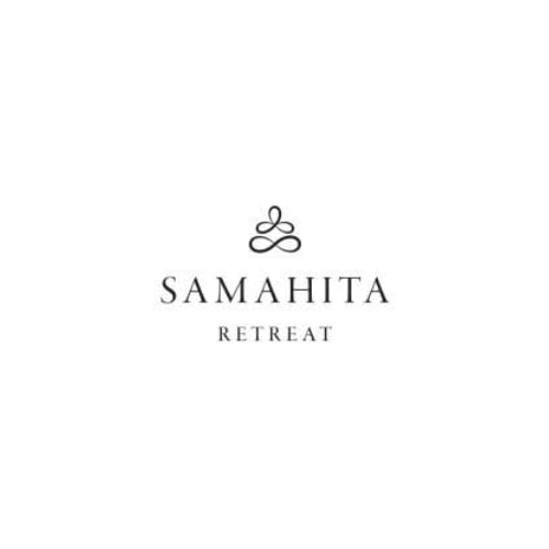Samahita Retreat logo with meditation symbol and text on white background