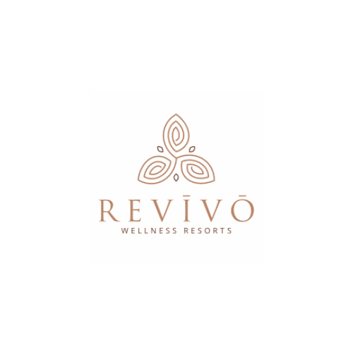 Revivo Wellness Resorts logo with three-petal leaf design in tan outline
