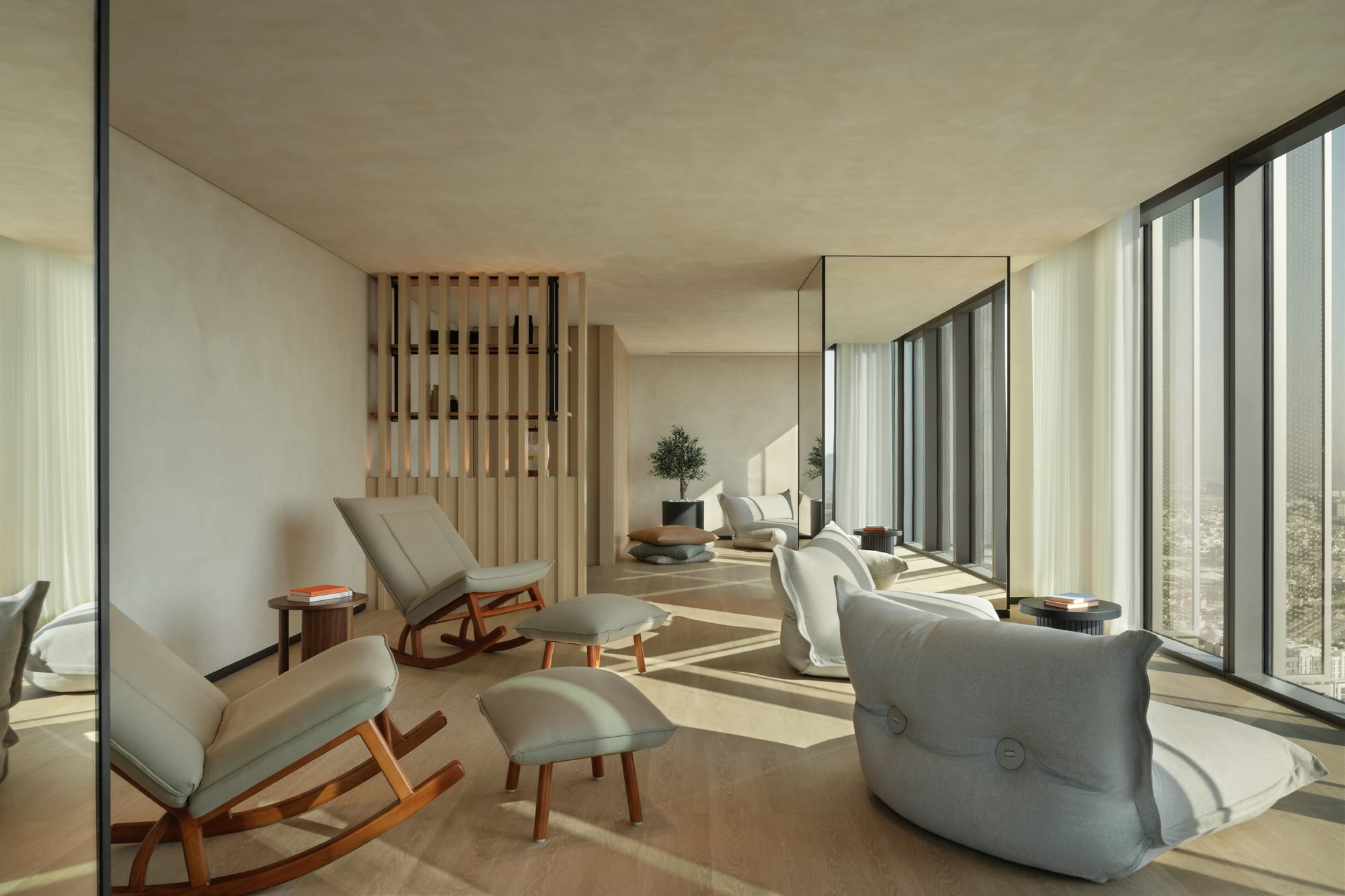 Siro One Zabeel, Siro Hotels Modern apartment interior with mid-century furniture, floor-to-ceiling windows, and natural sunlight