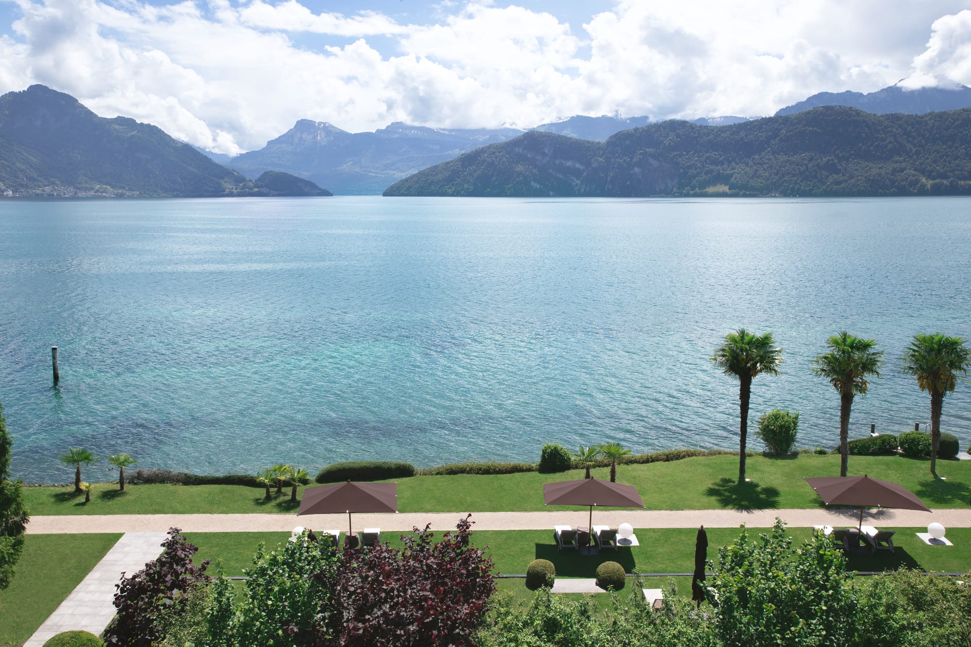 Suite Lakeside resort terrace with palm trees, umbrellas, and Alpine mountains across turquoise water