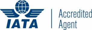 IATA Accredited Agent logo with globe emblem and official certification text.
