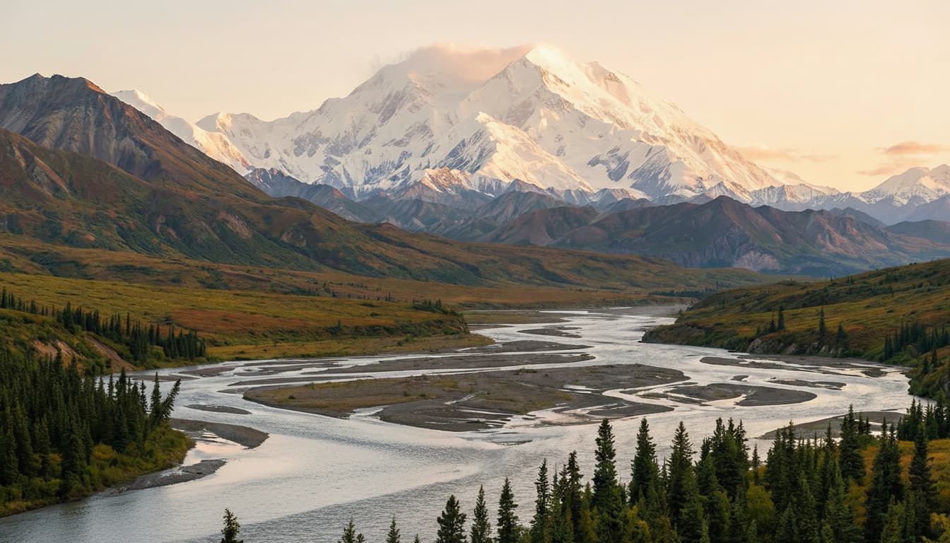 Denali rising above a braided river valley in Alaska