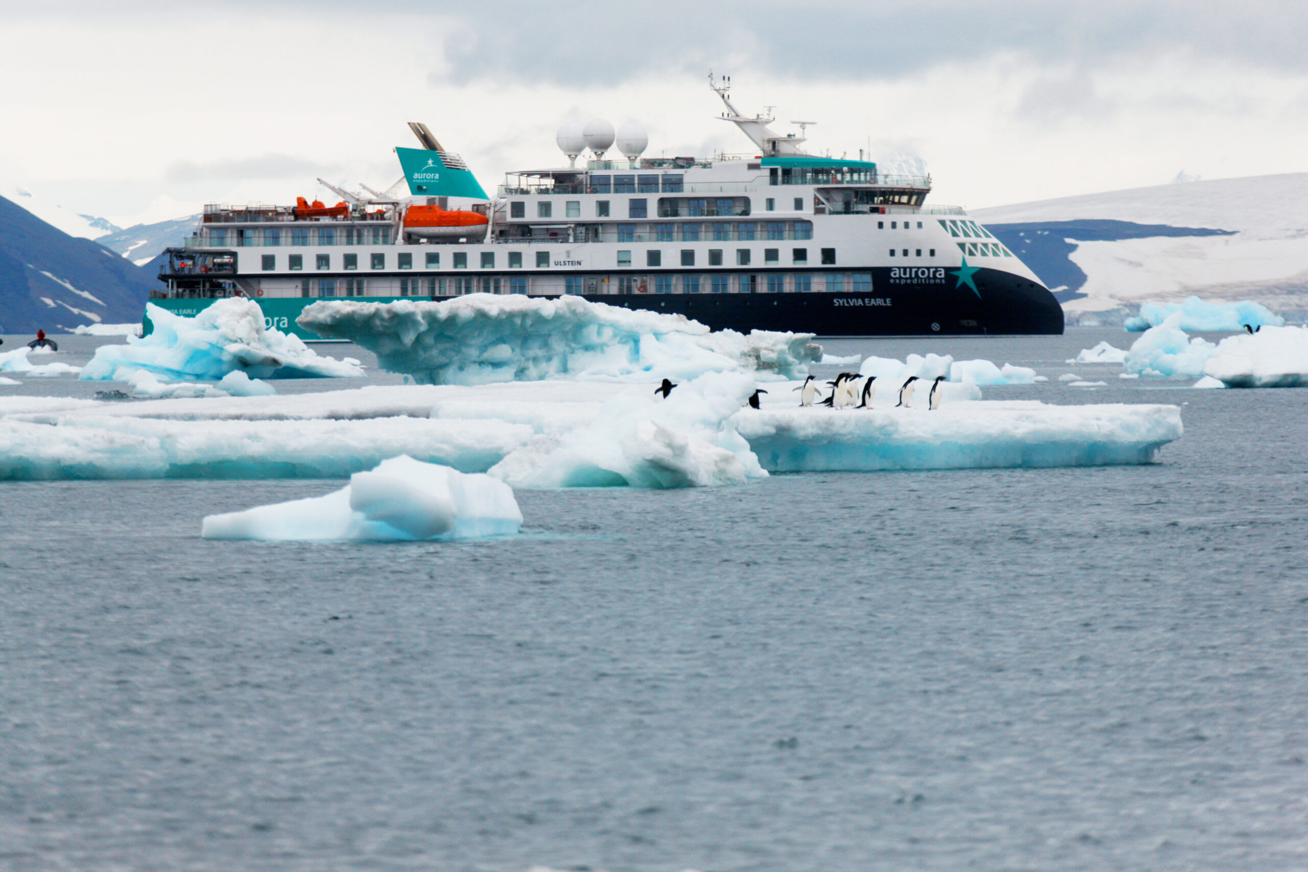 An Aurora Expeditions cruise ship navigating through icy waters with blue-white icebergs and