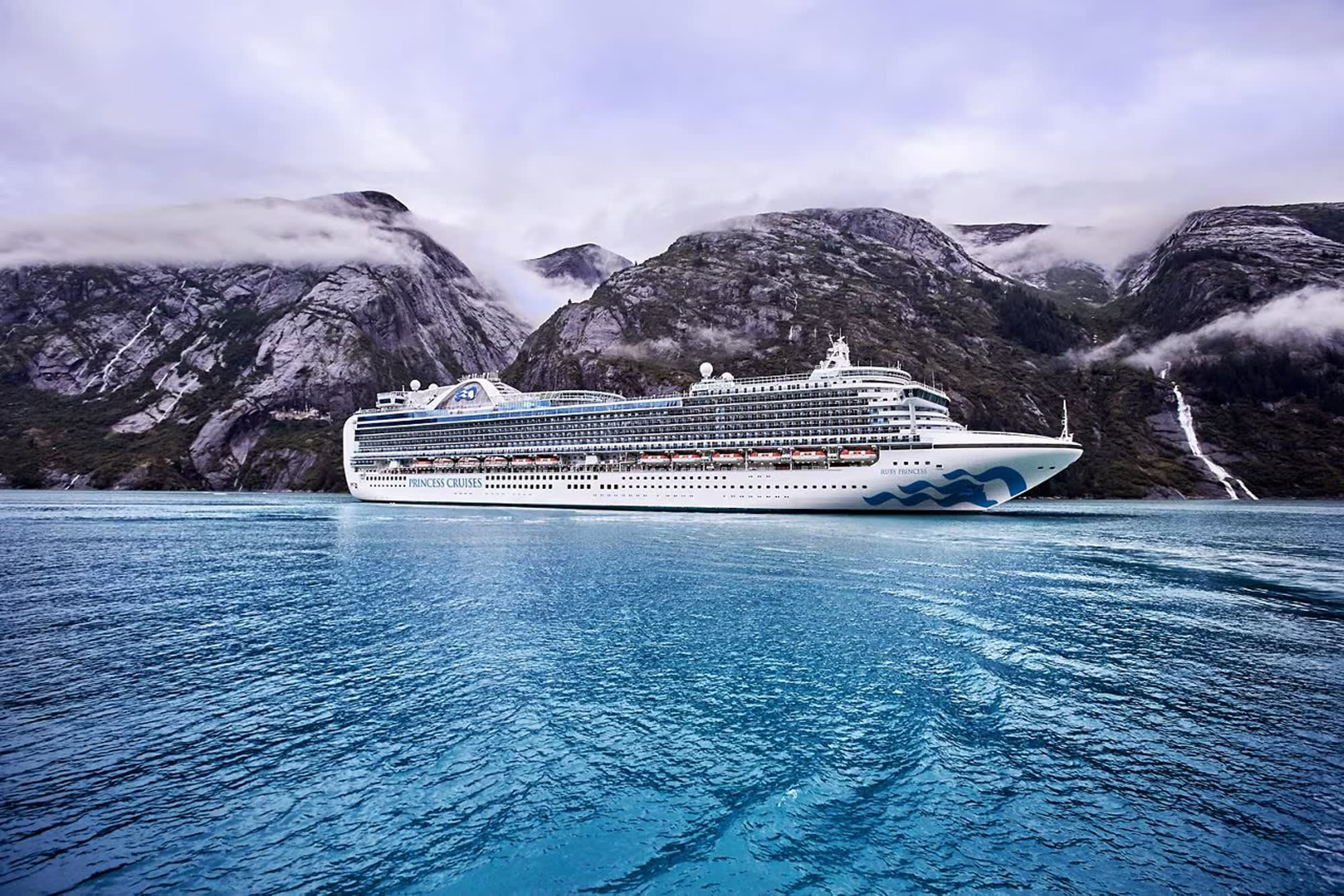 A large white Princess Cruises ship sailing through a dramatic fjord landscape with steep rocky