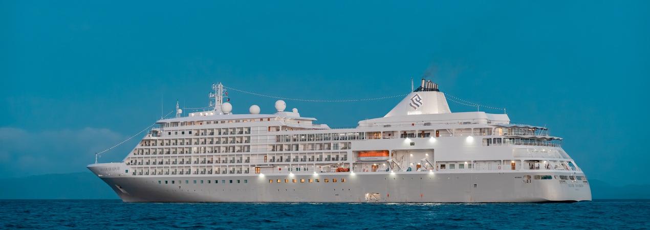 A pristine white cruise ship sailing on calm blue waters with a clear turquoise sky in