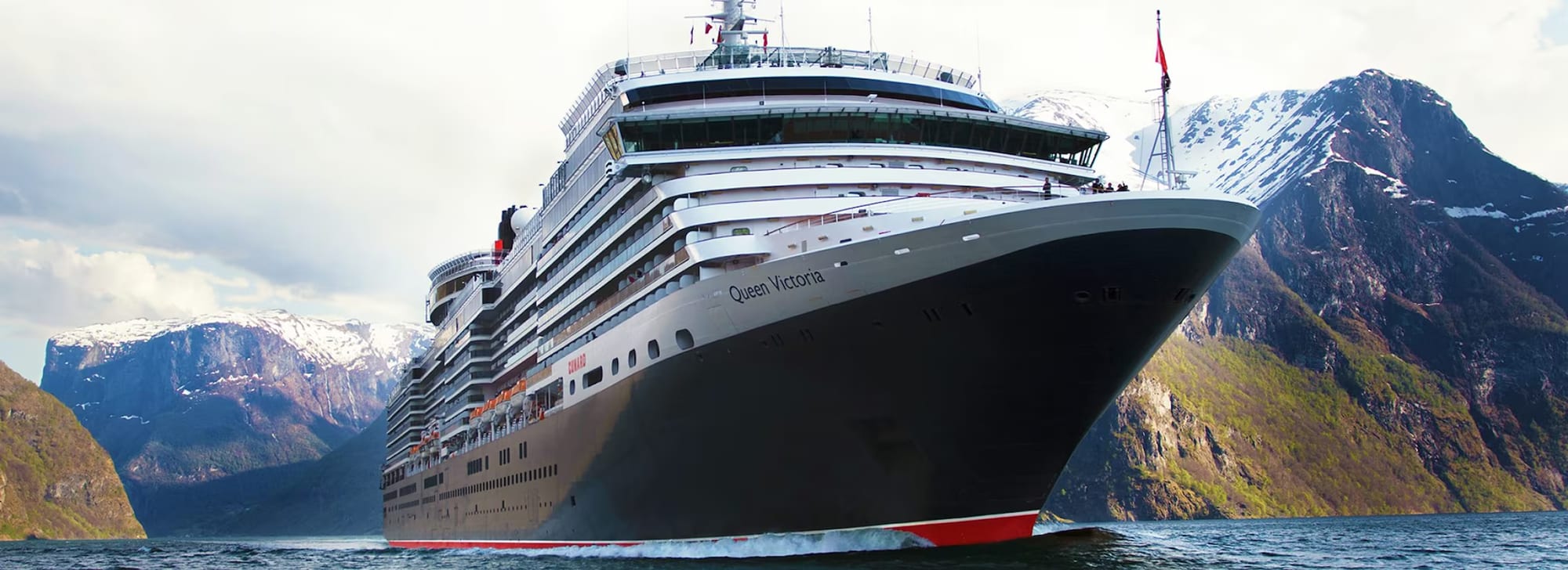 Queen Victoria Cruise Ship in Fjord Landscape Cunard Queen Mary 2 in New York Harbor with Manhattan skyline