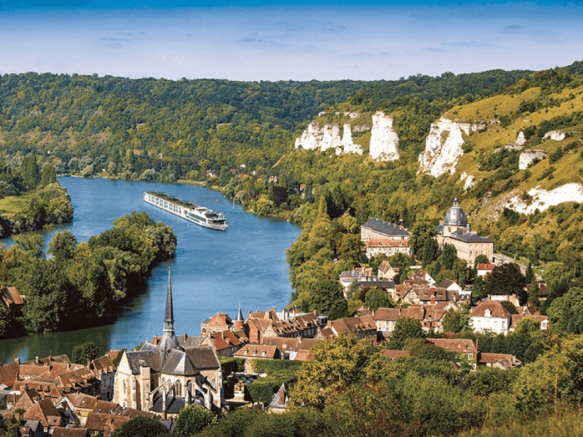 A white river cruise ship navigating through a picturesque European river valley, surrounded