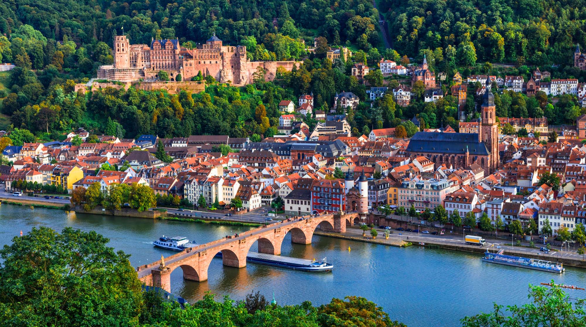 Heidelberg Castle and Old Town Bridge An aerial view of Heidelberg, Germany, showcasing the iconic red sandstone Karl Theodor Bridge spanning the Neckar River, with the medieval Heidelberg Castle perched on the forested hillside above the charming old town's terracotta-roofed buildings and historic church spires.