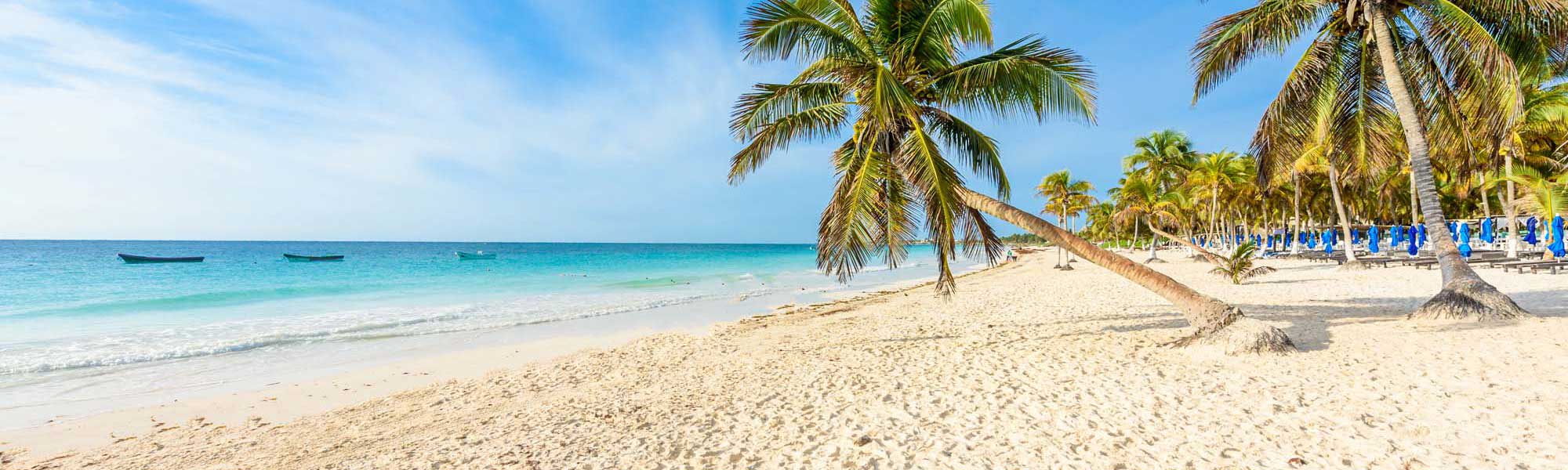 A pristine tropical beach featuring soft white sand, crystal-clear turquoise waters, and swaying palm trees with small fishing boats visible offshore. Blue beach umbrellas and loungers line the shore in the background, indicating a popular resort or cruise destination.