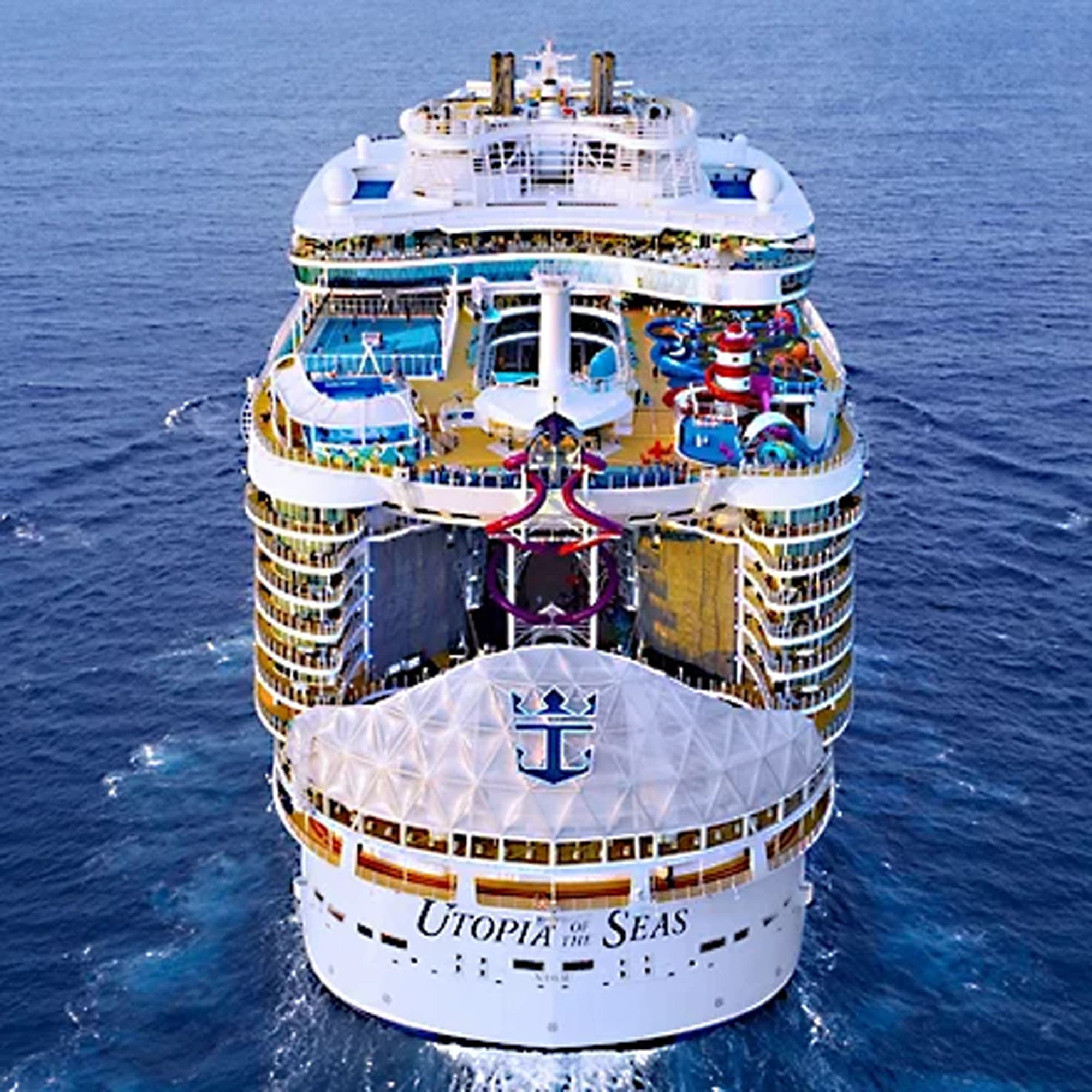 An overhead aerial photograph of the Utopia of the Seas cruise ship taken from the stern